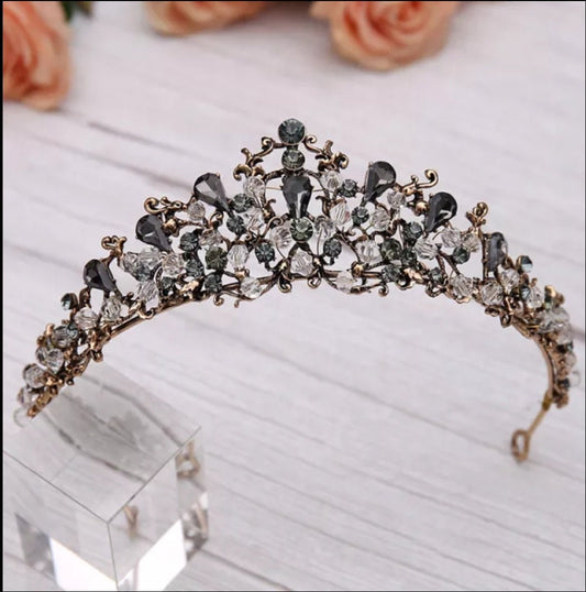 Vintage Baroque Tiara Dark Crown Goth diadem headress jewelry bridal cosplay Wedding pageant royalty gray