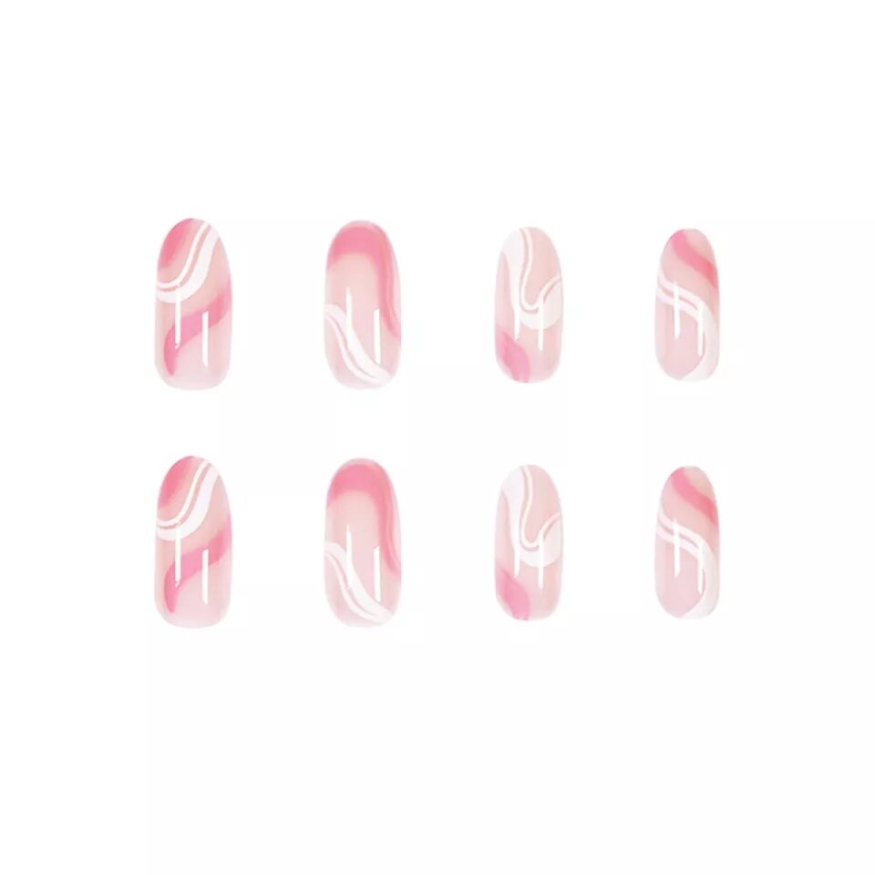 24 Swirl design Press on nails pink white glue on medoum almond manicure nude lava