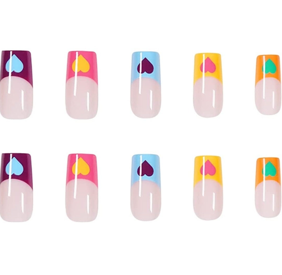 24 Colorful heart French tip Press on nails glue on kit kawaii cute hot pink blue orange yellow medium square bright
