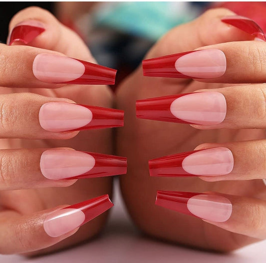 24 Red French Tip Long Press on nails glue on Coffin manicure nude