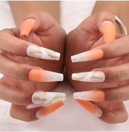 24 Frosted Peach Long Press on nails glue on Coffin manicure nude spring gold orange