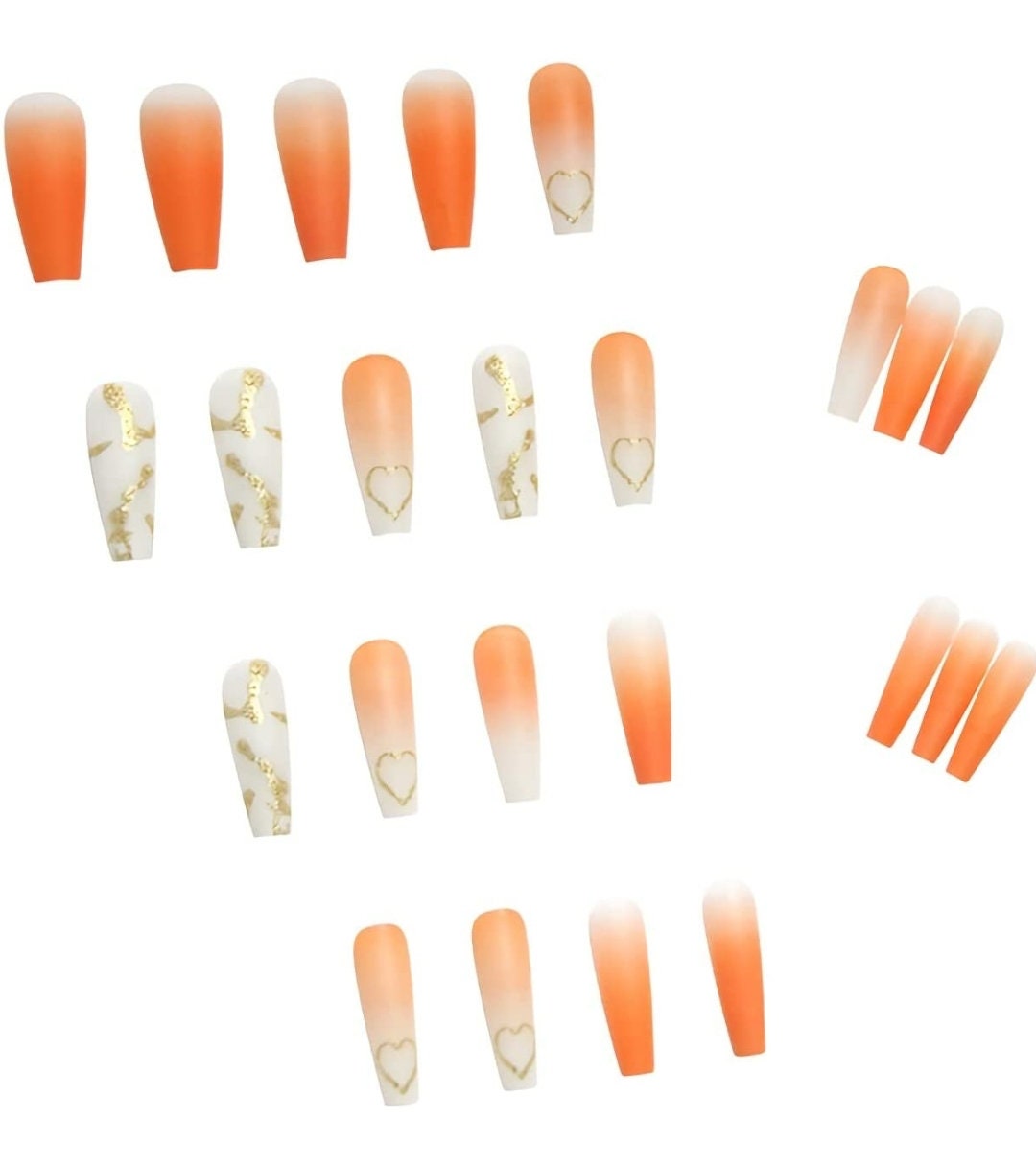 24 Frosted Peach Long Press on nails glue on Coffin manicure nude spring gold orange