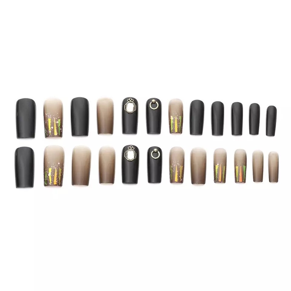 24 Monochrome Clear gem square black Glitter Long Press On Nails kit glue on dark jelly jewelry bling