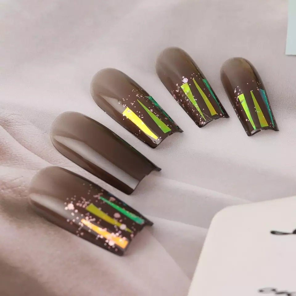 24 Monochrome Clear gem square black Glitter Impress Press On Nails kit glue on long dark jelly jewelry bling