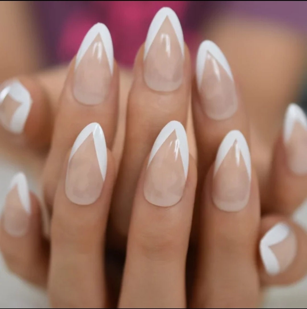 24 V shape tip Medium Almond French Mani Nude White Rim tip press on Nails classic Glue on pointed