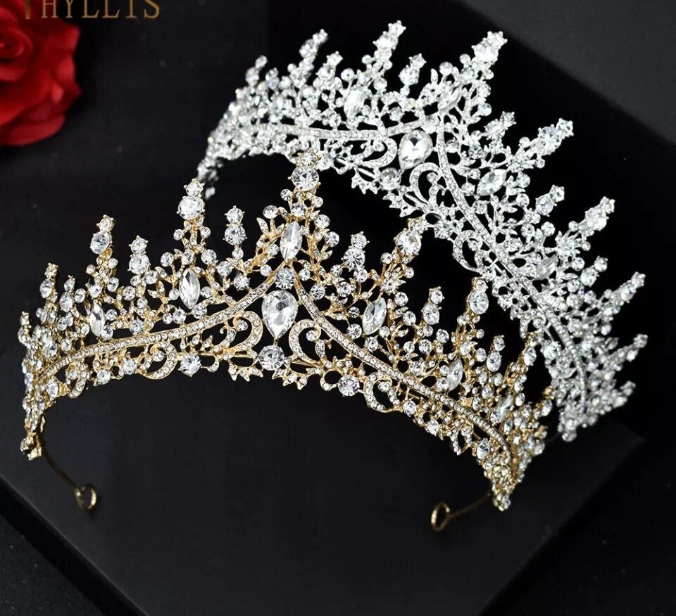 Silver or Gold Bridal Tiara Crown Diadem Royalty spiky princess gem diamond bling headdress cosplay platinum real metal