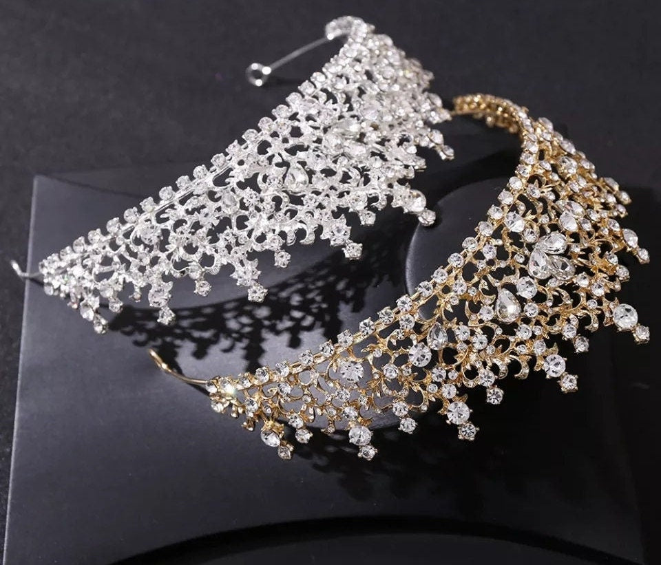 Silver or Gold Bridal Tiara Crown Diadem Royalty spiky princess gem diamond bling headdress 