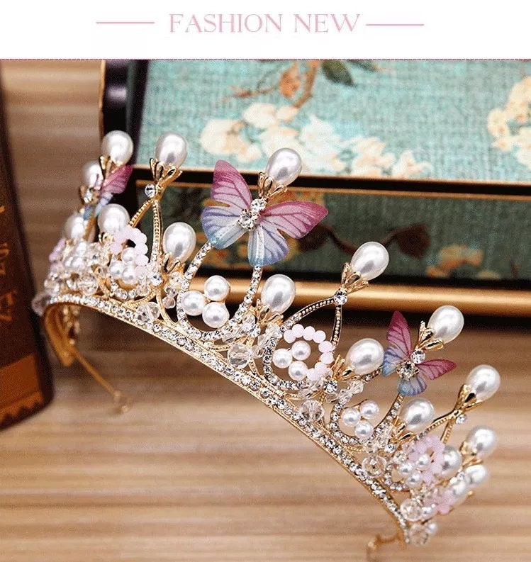 Butterfly Tiara  Crown  Queen Gold headdress jewelry bridal real metal pearls cosplay 