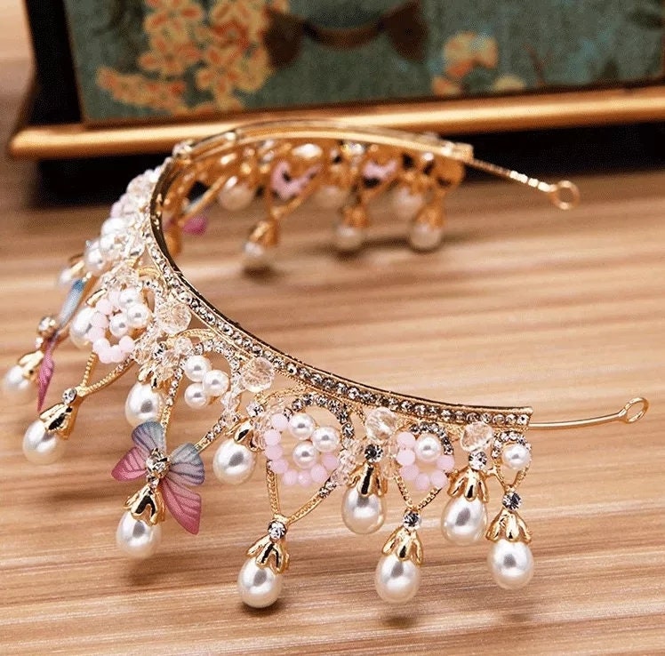 Butterfly Tiara  Crown  Queen Gold headdress jewelry bridal real metal pearls cosplay 