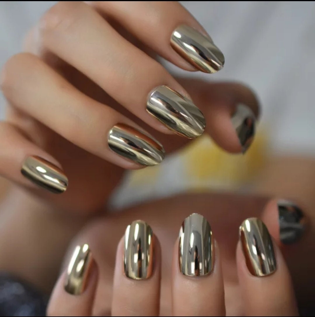 24 Gold Chrome Almond Press On Nails kit Glue on Mirror shiny metallic Medium oval point