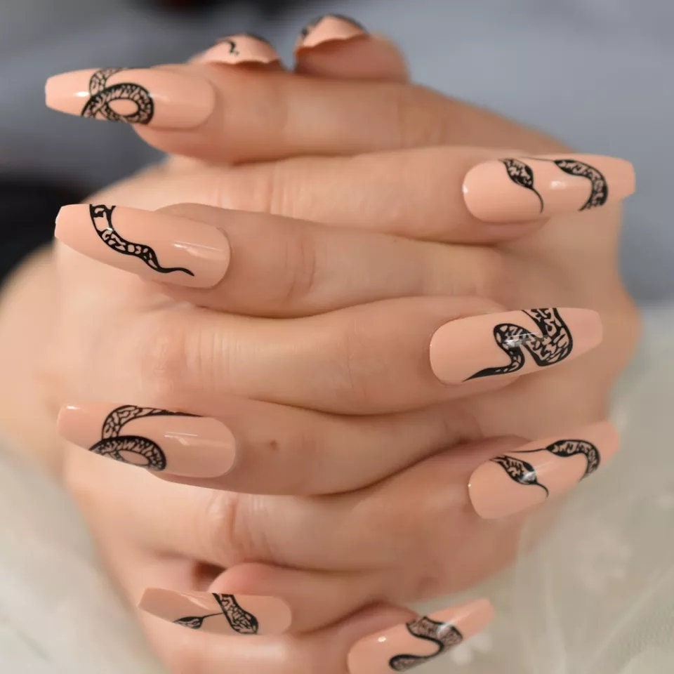 24 Nude Snake Long Press on nails glue on natural Coffin tan black goth hot