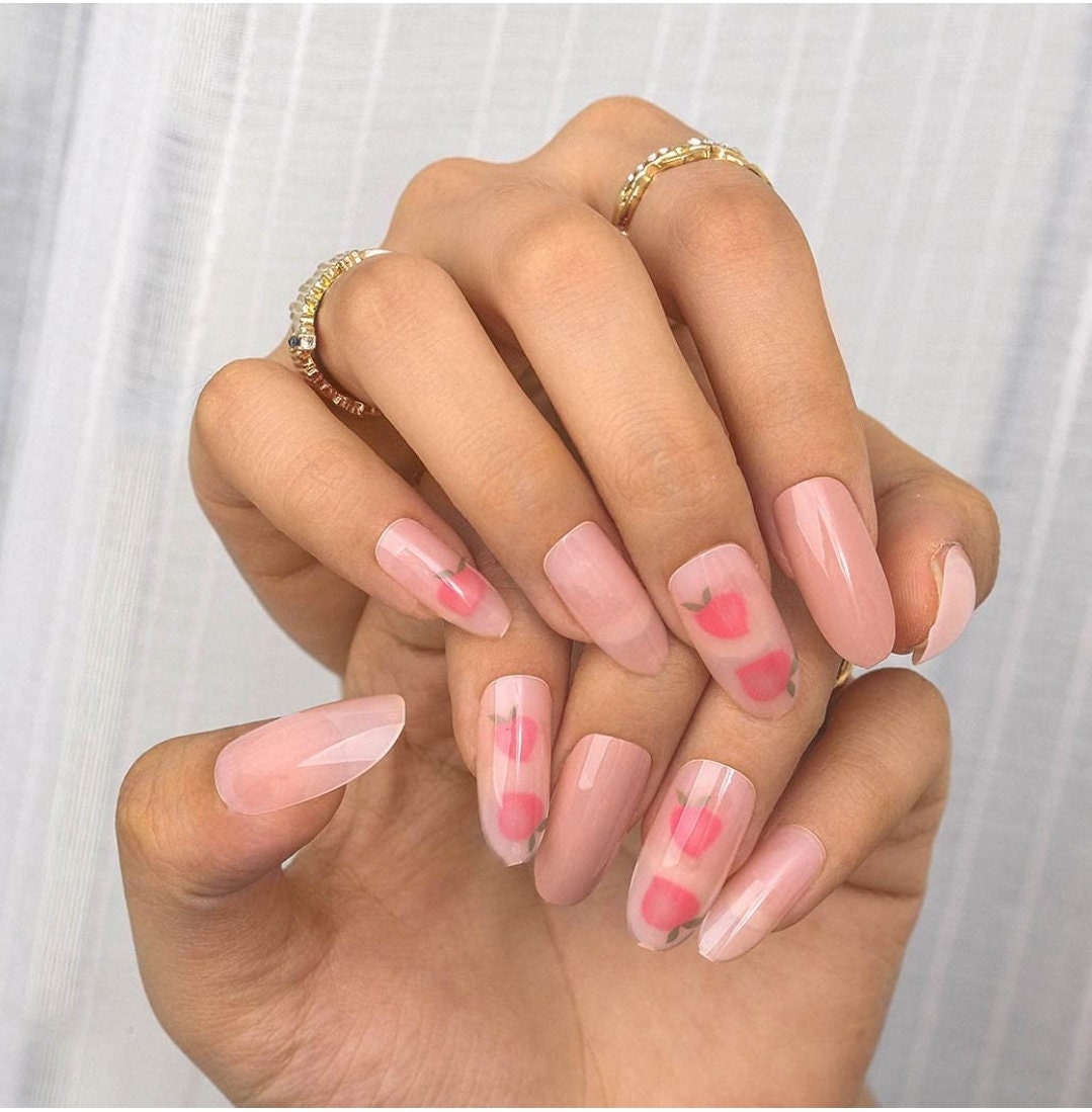24 Peachy Long Press on nails glue on nude pink summer pretty long oval almond design