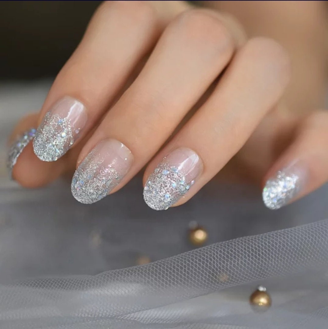 24 Cinderella Glass Slipper Press on Nails kit glue on Holographic Glitter Medium Almond Clear natural