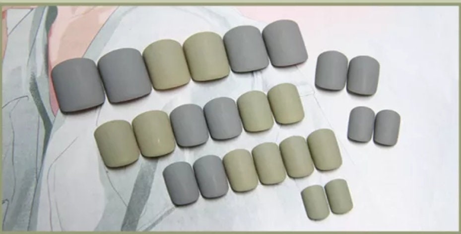 24 Matte Sage Green Short Press on nails Gray glues on kit