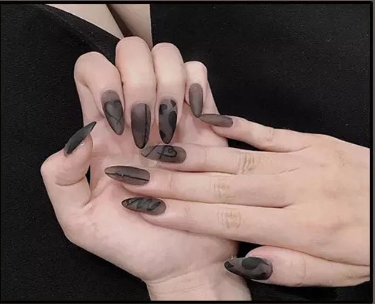 24 Gothic Frosted glass Matte Black Press on nails medium almond kit glue on edgy goth detail vine drawing line heart