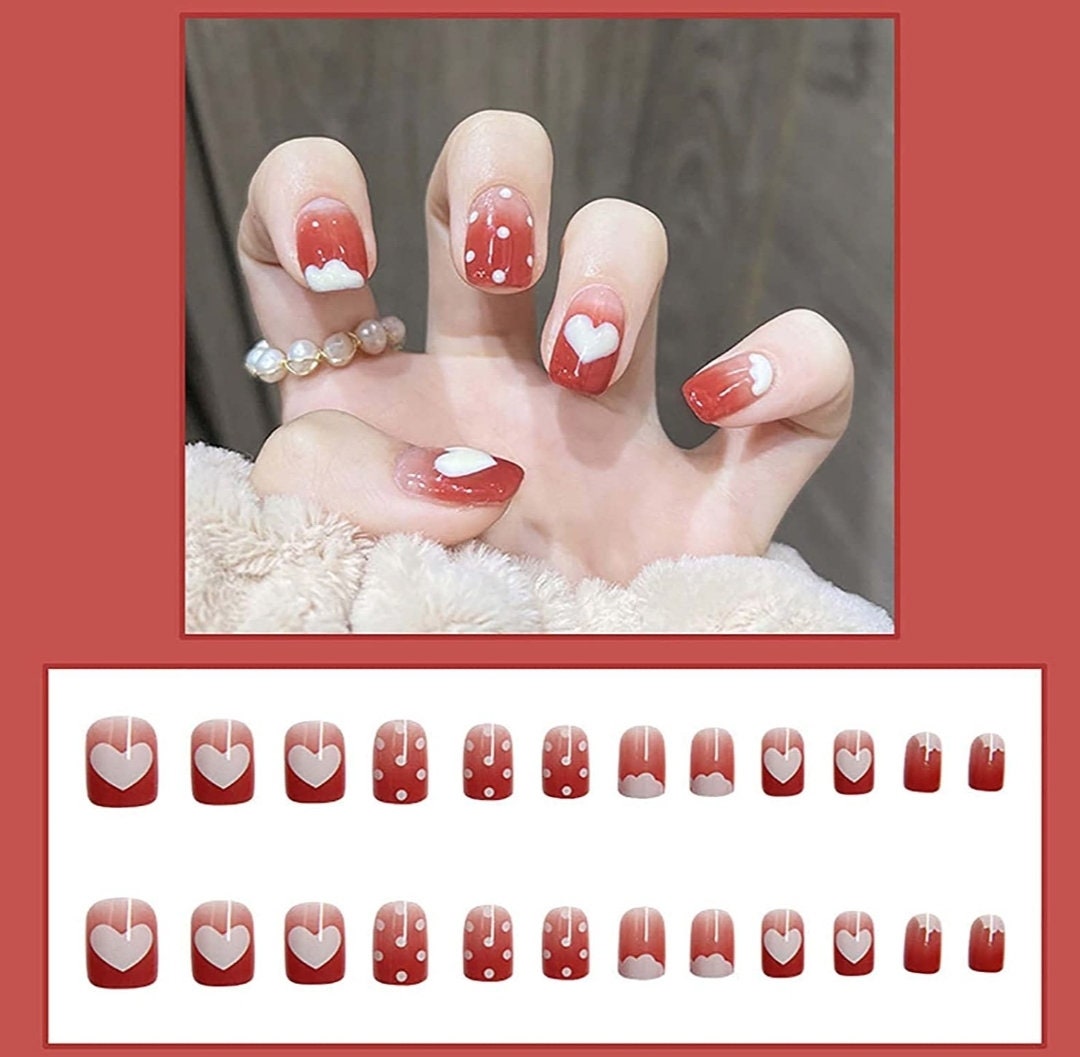 24 Short Press on nails glue on pink unique multicolor red green design peach heart leaf nature floral flower fruit orange