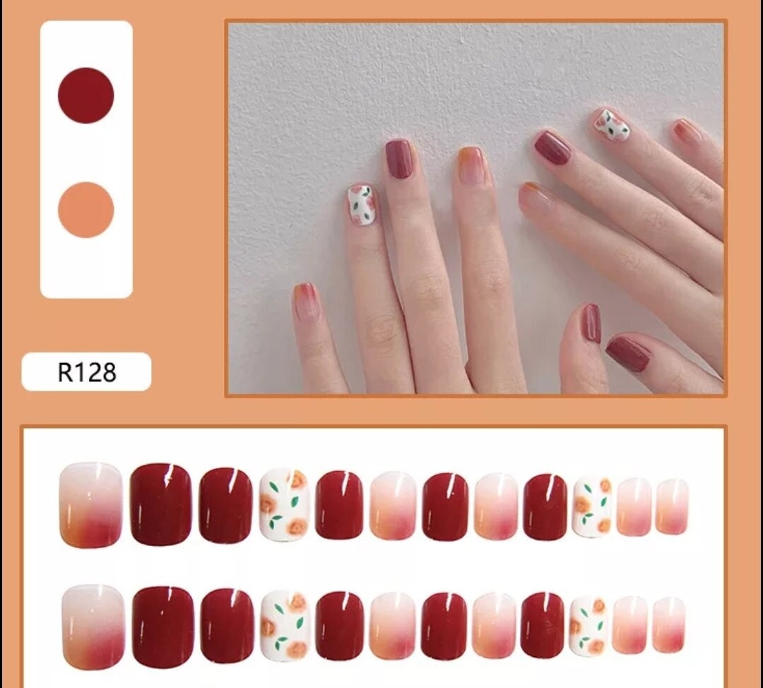 24 Short Press on nails glue on pink unique multicolor red green design peach heart leaf nature floral flower fruit orange