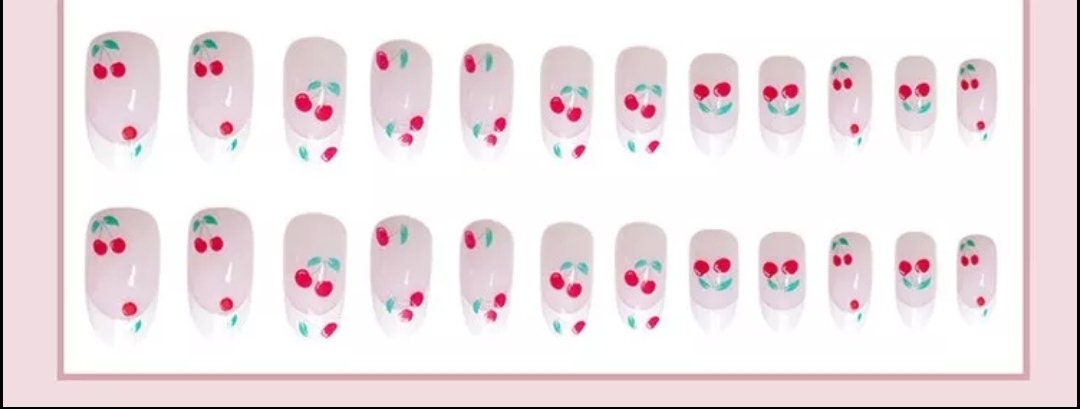 24 Nude Press On Nails Hearts medium Long rounded almond glue on pink cute kawaii cherries cherry French white