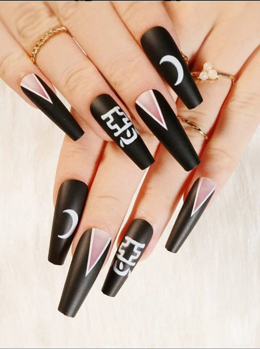 24 Goth Matte Black Press On nails crescent moon Glue on long coffin witchy emo alt edgy triangle sigil