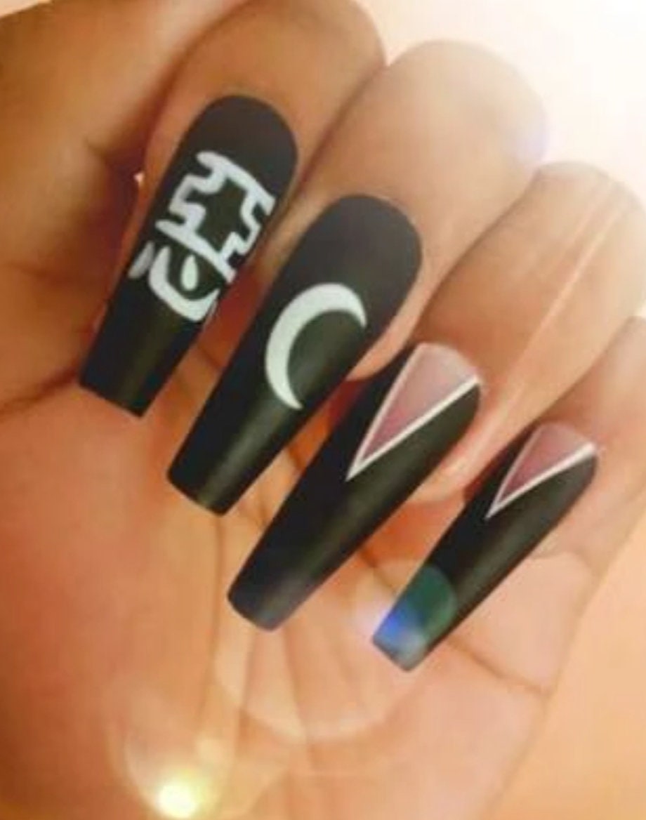 24 Goth Matte Black Long Press On Nails crescent moon Glue on coffin witchy emo alt edgy 