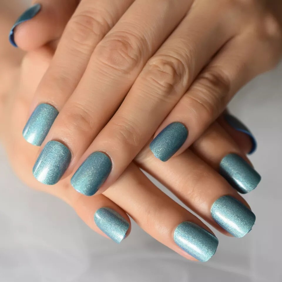 24 Shiny Blue mystic Press On Nails Short Glue On trendy glitter shimmer