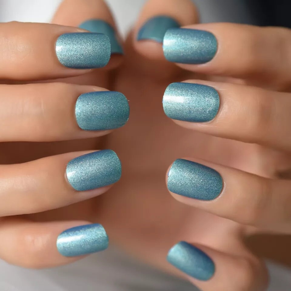 24 Shiny Blue mystic Short Press On Nails Glue On trendy glitter shimmer