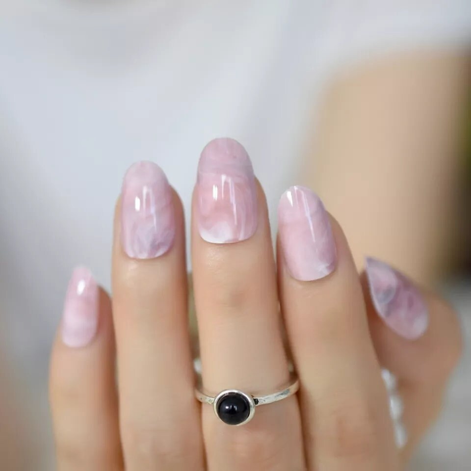 24 Rose Quartz short Press On Nails kit glue on pink art marble round oval almond 