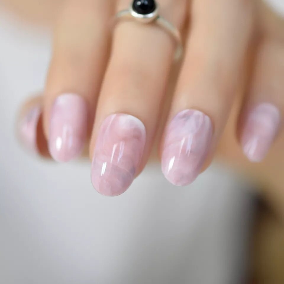 24 Rose Quartz medium Press On Nails kit glue on pink art marble round oval almond short