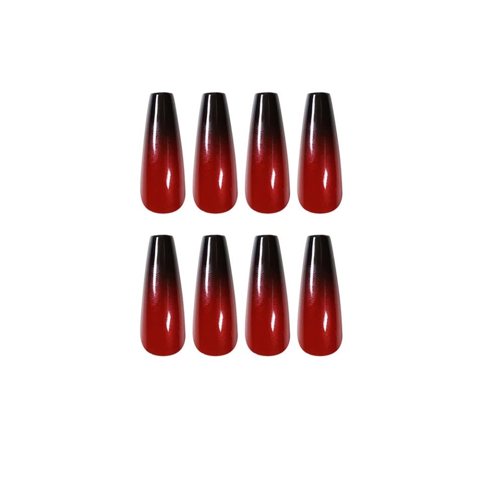 24 Goth Ombre Red Black Long Press On Nails Coffin glue on mirror shiny