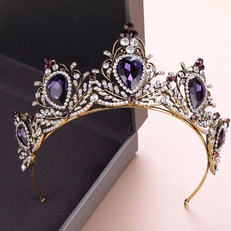 Vintage Baroque Tiara Dark Purple Crown Goth Evil Queen diadem headress jewelry bridal dark real metal cosplay Wedding pageant royalty