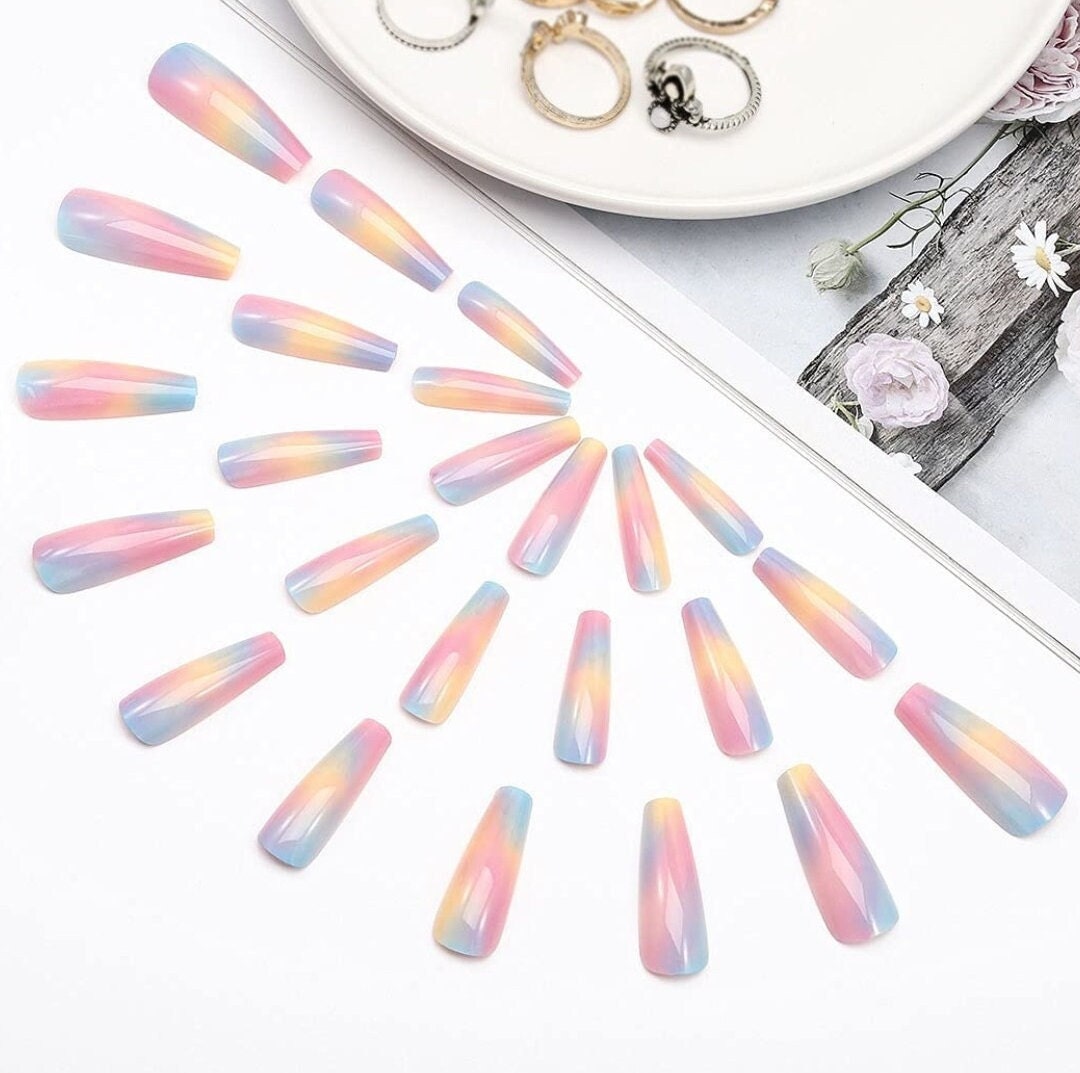 24 Cotton Candy Ombre Press on nails glue on kit kawaii cute Multicolor pink blue orange yellow long coffin bright easter spring girly