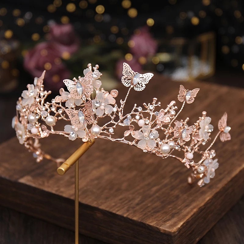 Rose Gold Butterfly Crown Detailed Tiara Princess Queen headress jewelry bridal pink cosplay diadem Wedding pageant royalty pastel pink