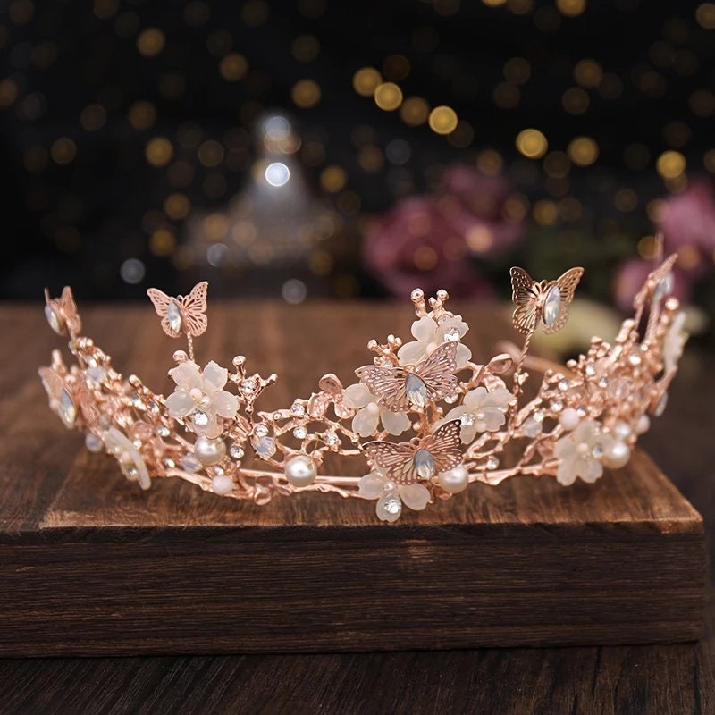 Rose Gold Butterfly Crown Detailed Tiara Princess Queen headress jewelry bridal pink cosplay diadem Wedding pageant royalty pastel pink