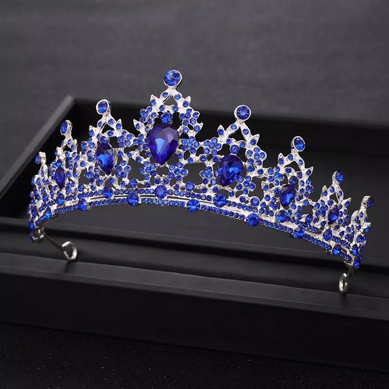 Blue sapphire Tiara Crown Princess Queen headress bridal dark cosplay diadem silver wedding pageant