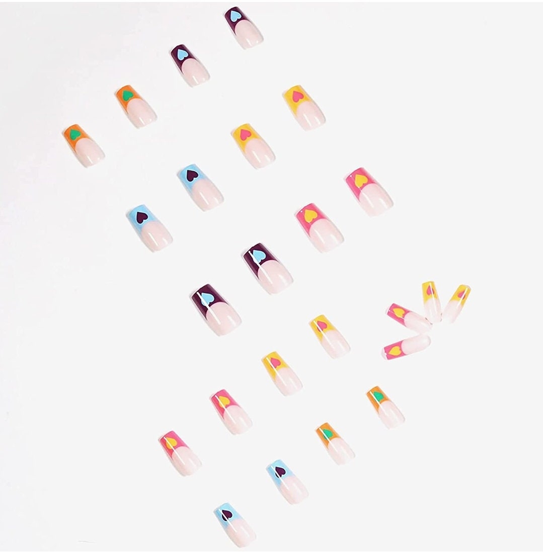 24 Colorful Heart French tip Long press on nails glue on kit kawaii cute hot pink