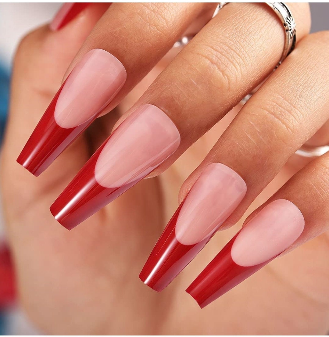 24 Red French Tip Press on nails glue on Coffin Long extra manicure nude