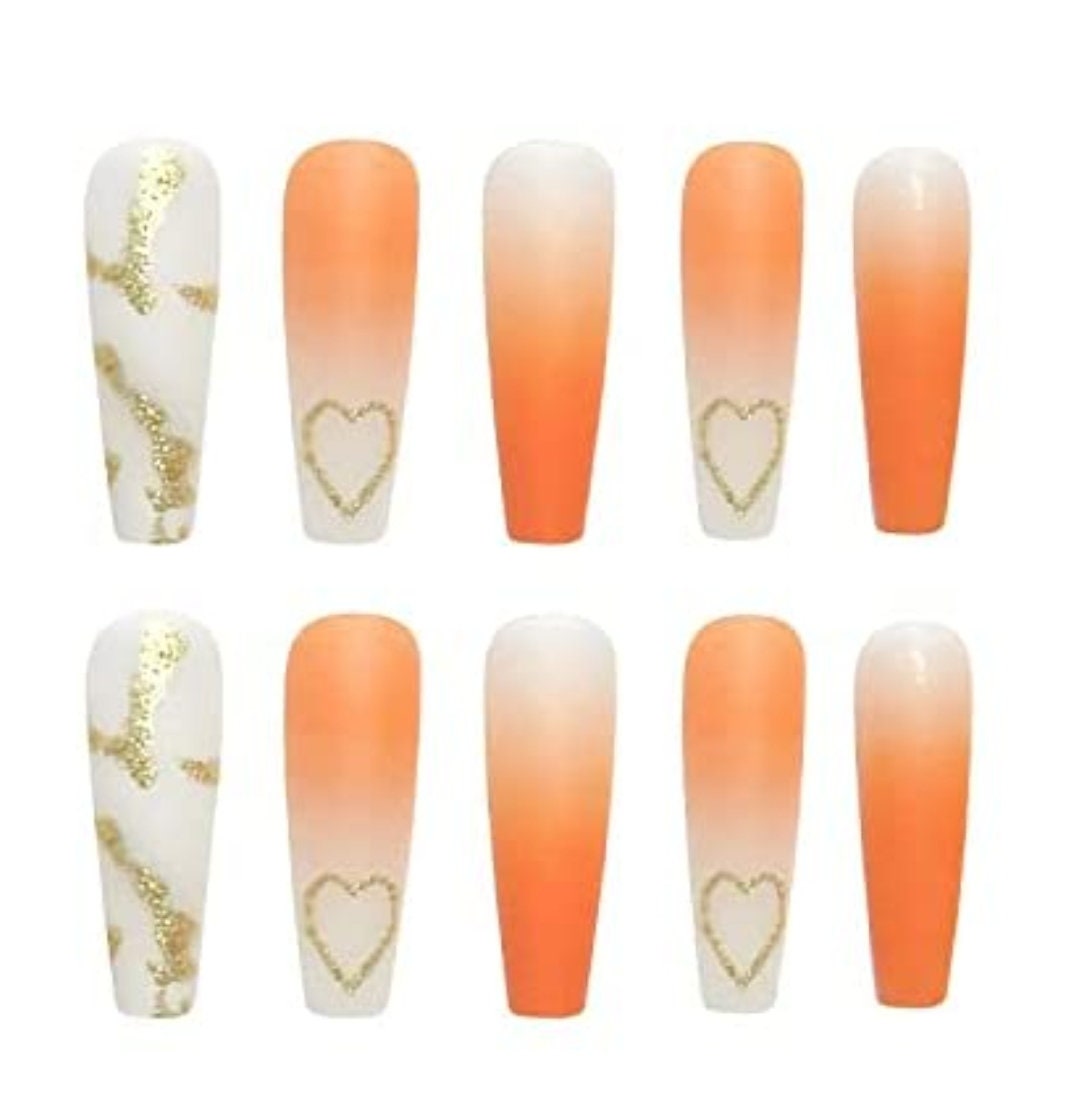 24 Frosted Peach Long Press on nails glue on Coffin manicure nude spring gold orange