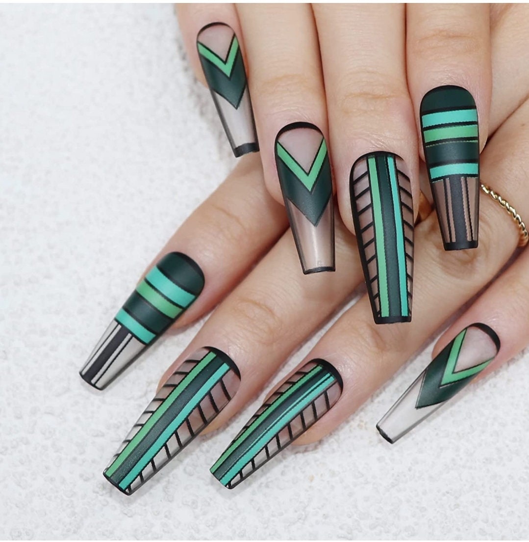 24 Unique Long Press On Nails Teal Green extra long Geometric Glue On Black design clear aqua edgy trendy black lines 80s 90s artsy