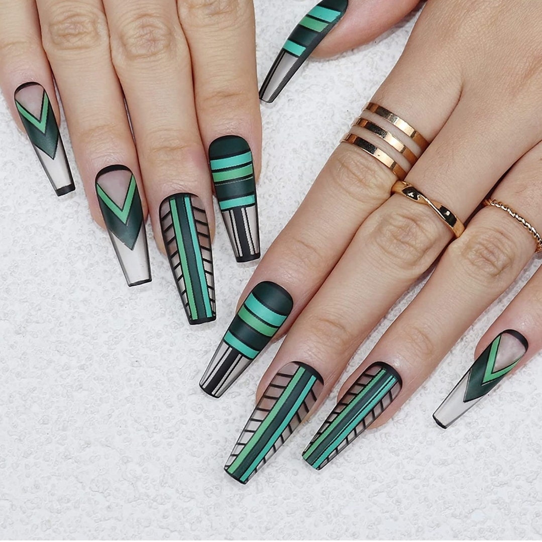 24 Unique Long Press On Nails Teal Green extra long Geometric Glue On Black design clear aqua edgy trendy black lines 80s 90s artsy