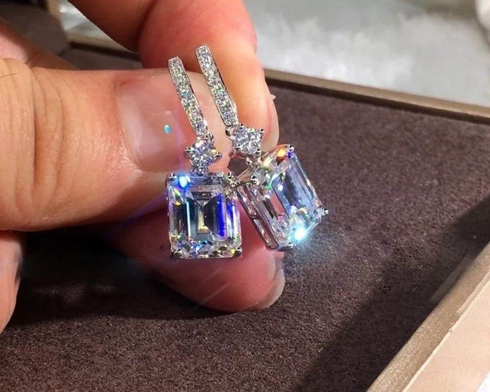 Square bling Earrings Detailed Elegant Dangle Drop gem Jewelry cool tone diamond