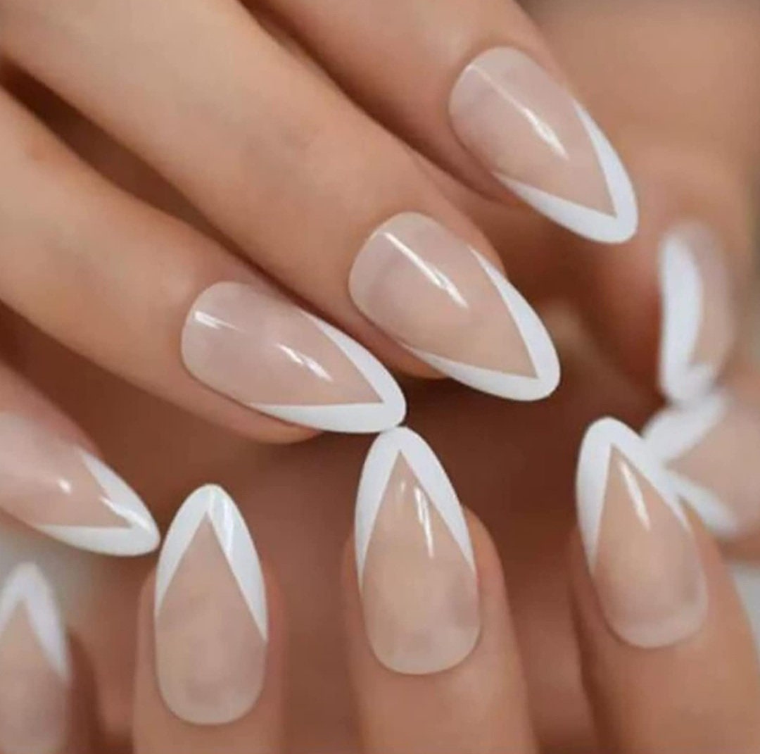 24 V shape tip Medium Almond French Mani Nude White Rim tip Long press on Nails classic Glue on pointed