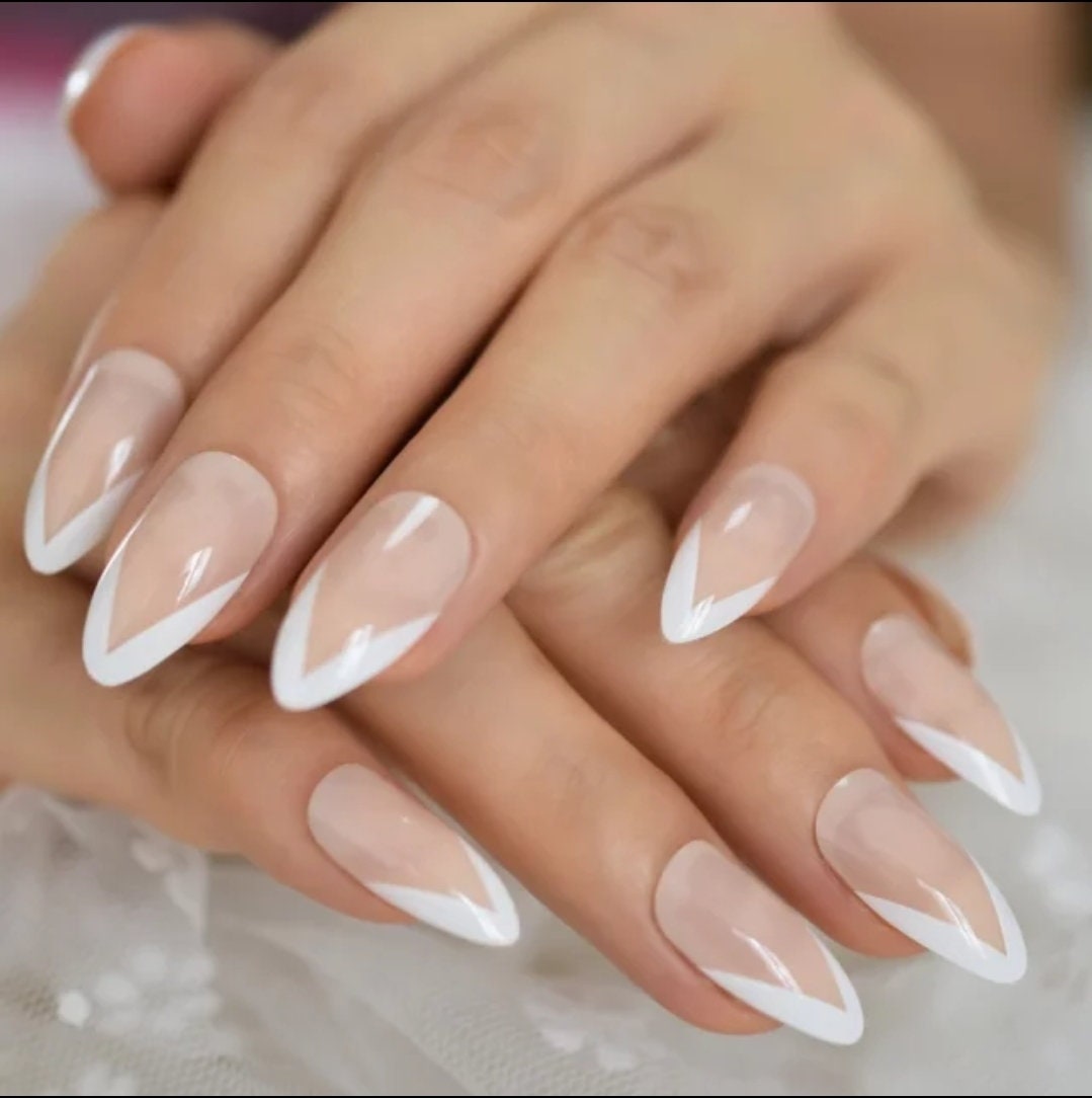 24 V shape tip Medium Almond French Mani Nude White Rim tip Long press on Nails classic Glue on pointed