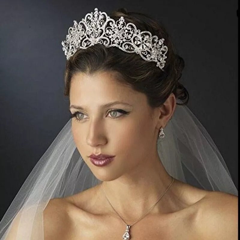 Silver Tiara Crown Detail Princess Queen jewelry bridal Headdress cosplay diadem point Wedding pageant royalty