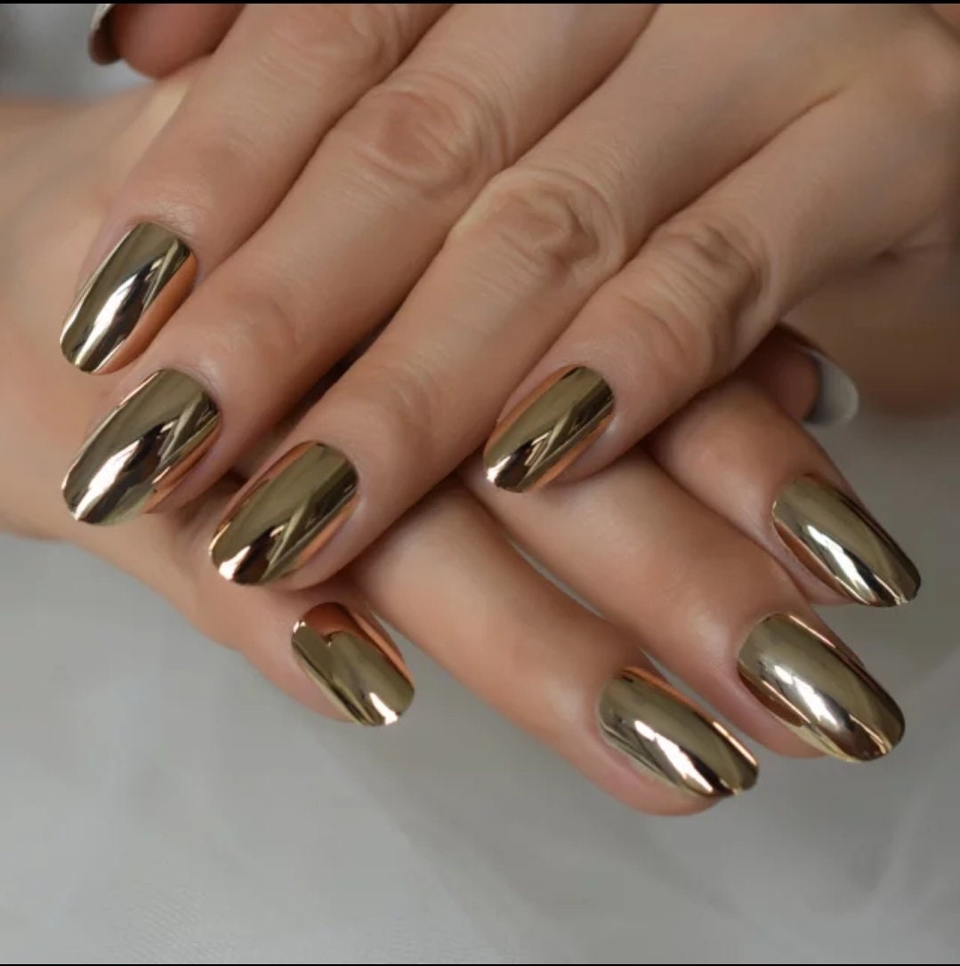 24 Gold Chrome Almond Press On Nails kit Glue on Mirror shiny metallic Medium oval point