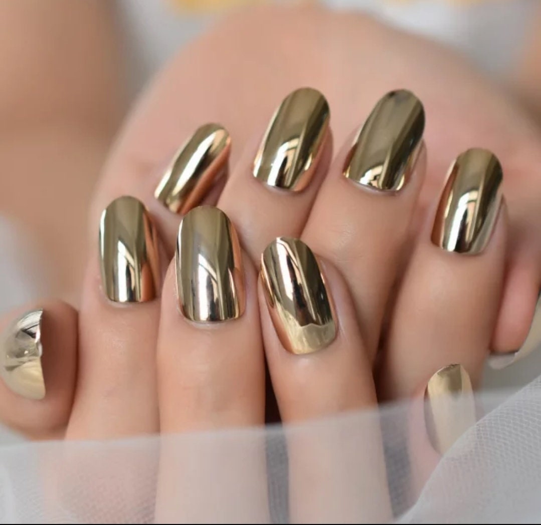 24 Gold Chrome Almond Press On Nails kit Glue on Mirror shiny metallic Medium oval point