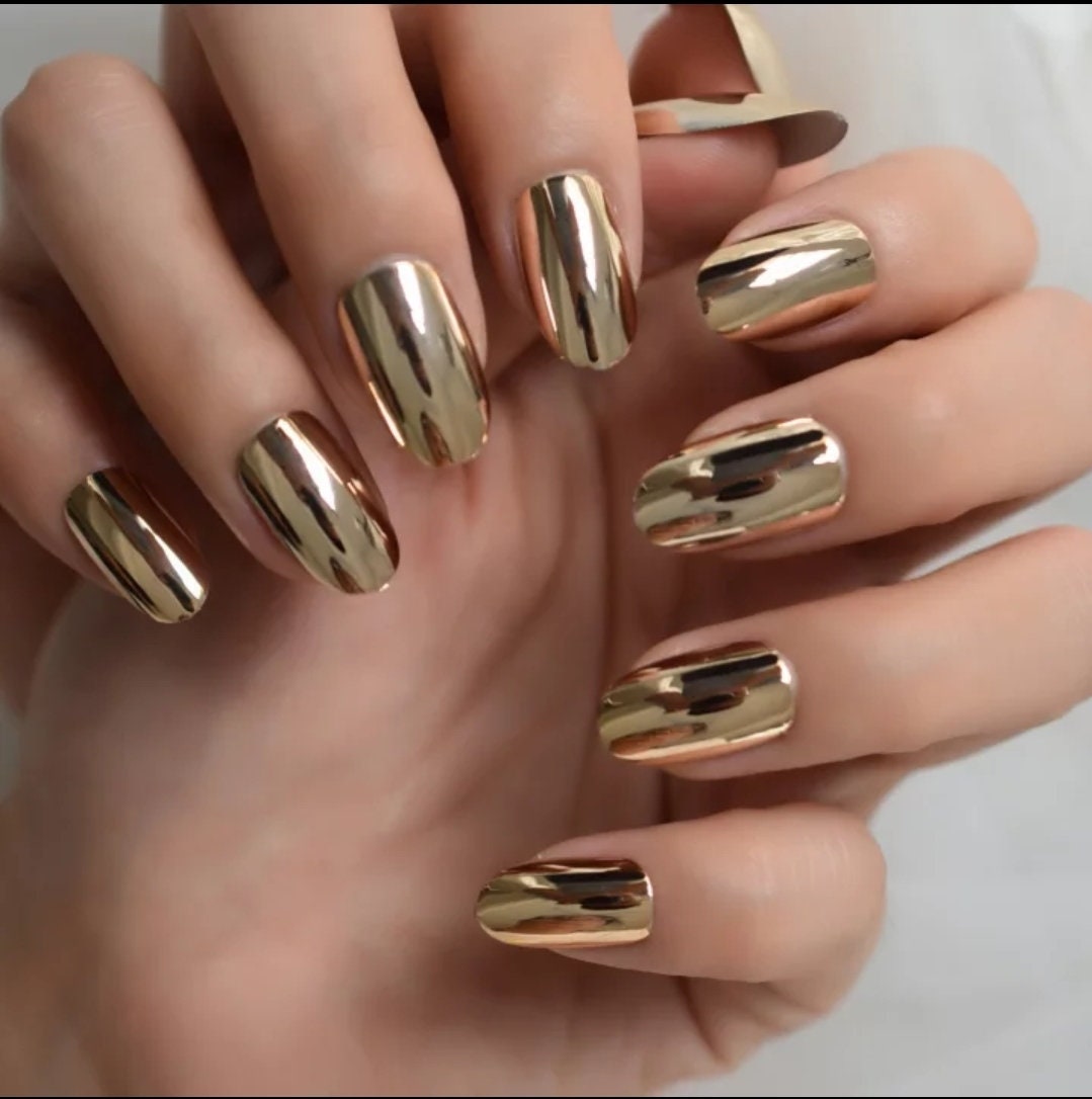 24 Gold Chrome Press On Nails Glue on Mirror shiny metallic Almond Medium oval point