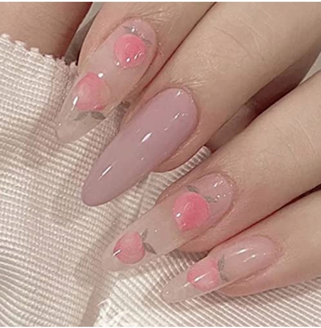 24 Peachy Long Press on nails glue on nude pink summer pretty long oval almond design