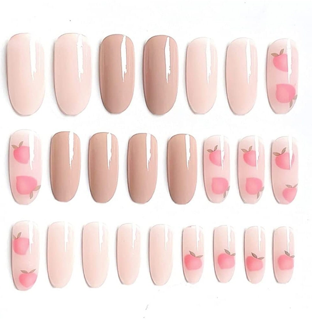 24 Peachy Long Press on nails glue on nude pink summer pretty long oval almond design