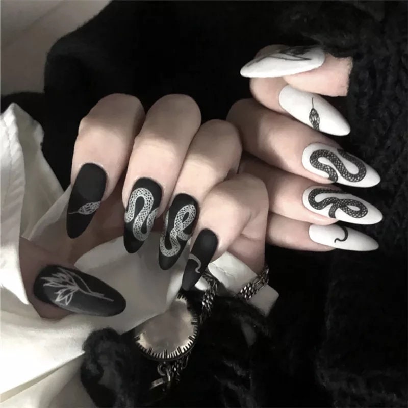 24 Snake Design Matte Black White Press on nails kit glue on edgy goth snake long emo alt hot pointed stiletto medium