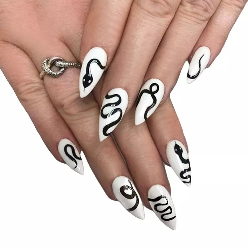 24 Snake Design White Press on nails kit glue on edgy goth snake long emo alt hot pointed stiletto medium long